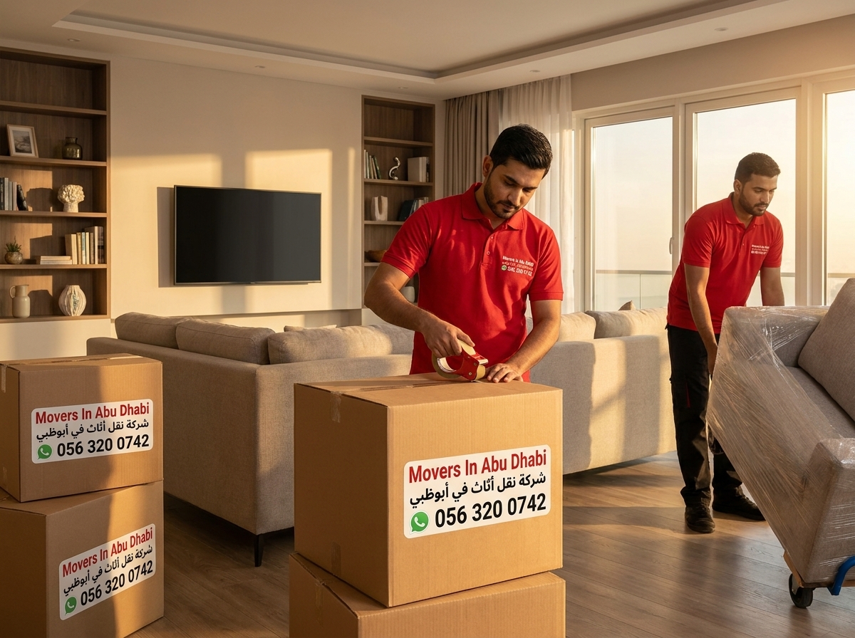 Furniture movers in Abu Dhabi wrapping sofa